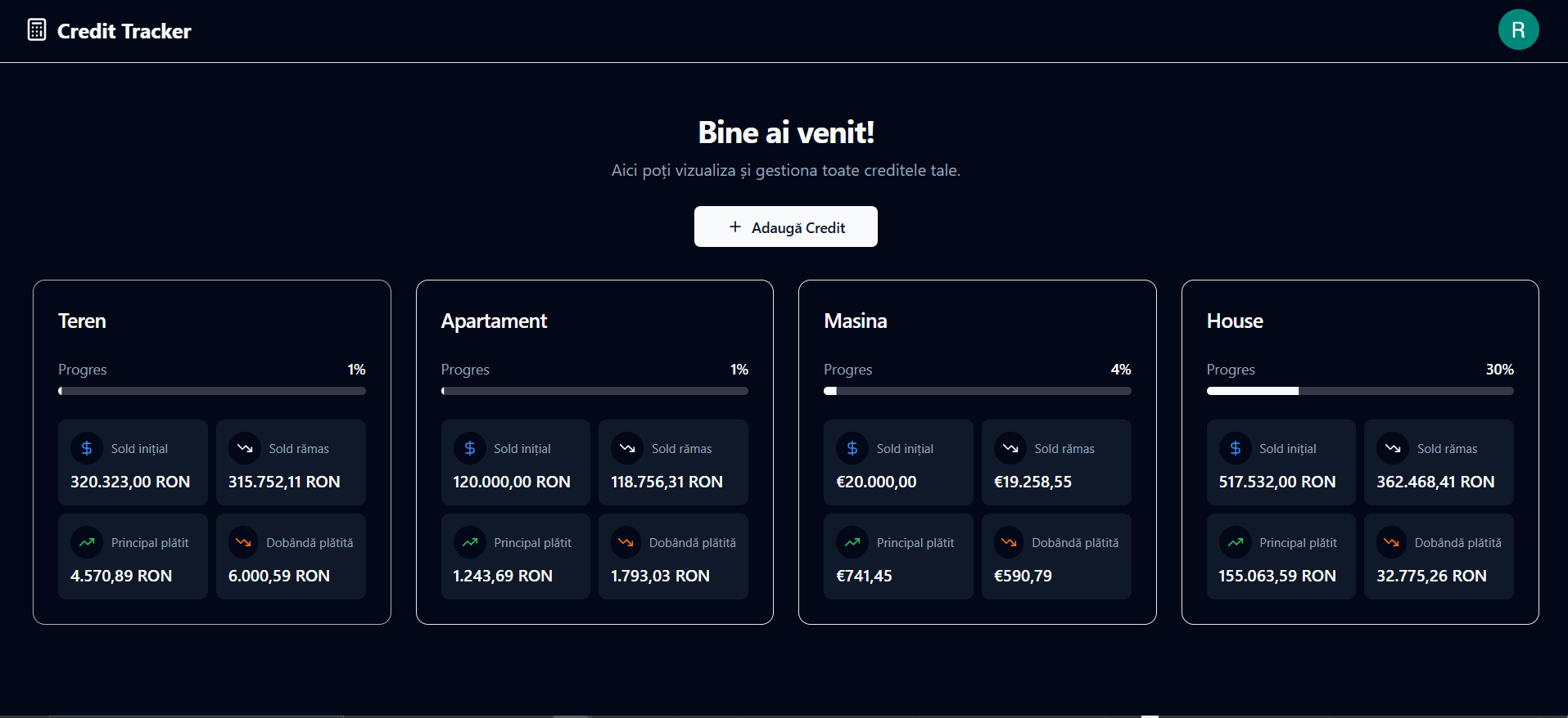 Dashboard aplicație Credit Tracker - vizualizare listă credite active cu solduri și rate lunare